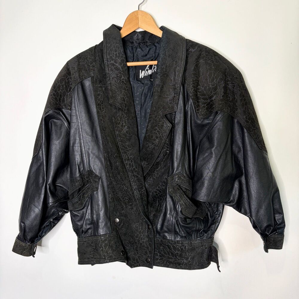 Vintage Winlit Leather Jacket Black Leopard Print Suede 80s Retro Biker Womens S